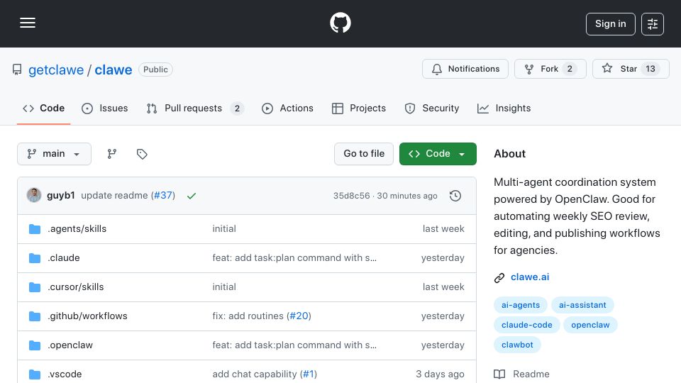 Screenshot of github.com: Show HN: Clawe – open-source Trello for agent teams