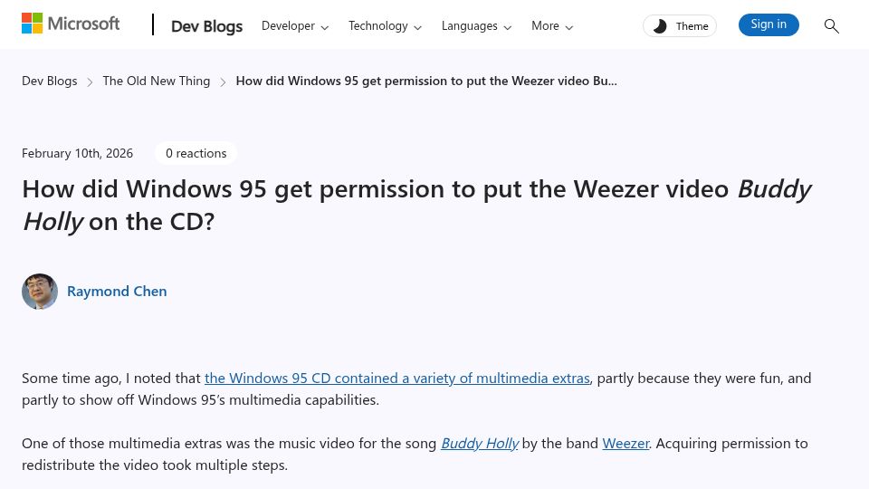 Screenshot of devblogs.microsoft.com: How did Windows 95 get permission to put Weezer video 'Buddy Holly' on the CD?