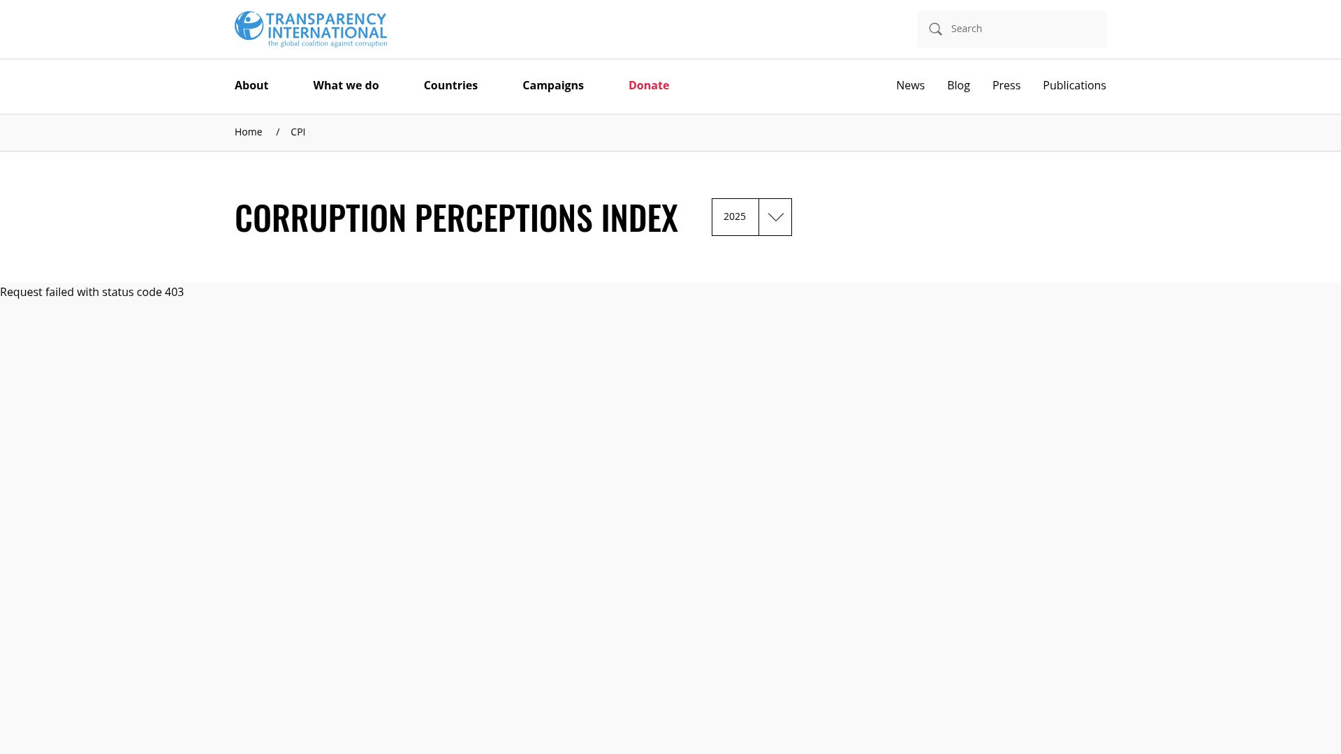 Screenshot of transparency.org: Corruption Perceptions Index 2025