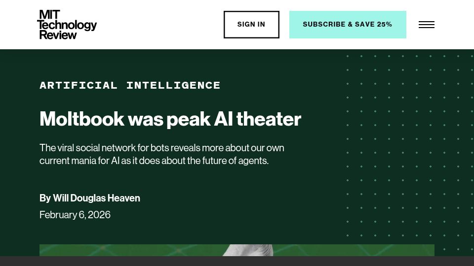 Screenshot of technologyreview.com: MIT Technology Review has confirmed that posts on Moltbook were fake