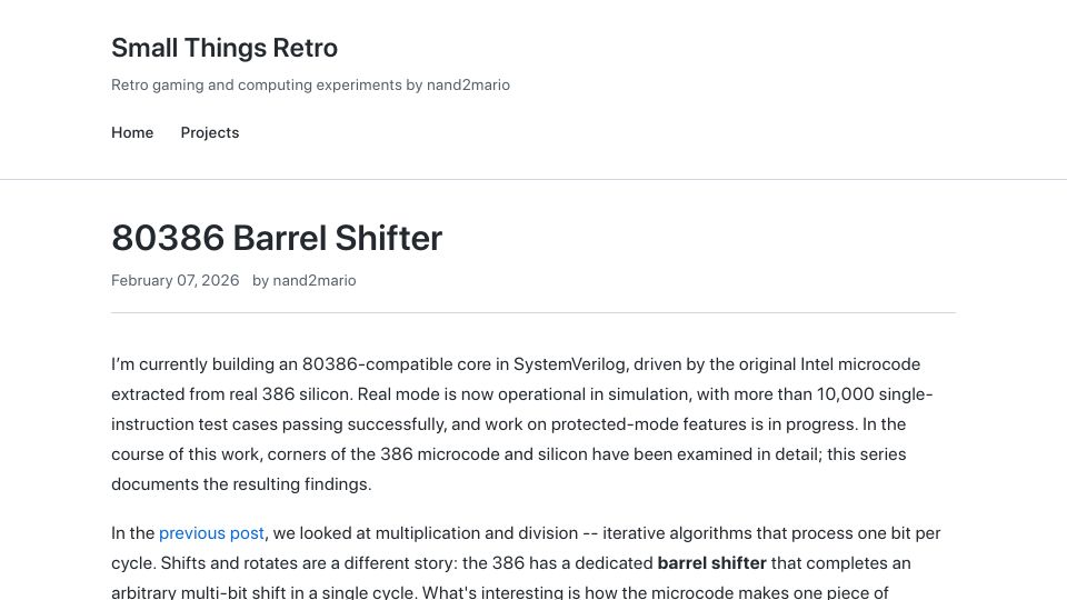 Screenshot of nand2mario.github.io: 80386 Barrel Shifter
