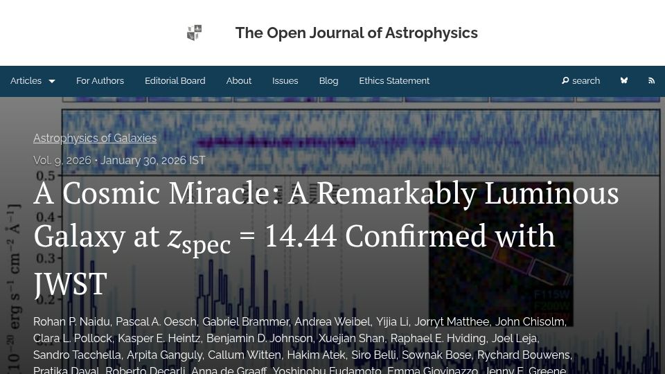 Screenshot of astro.theoj.org: A Cosmic Miracle: A Remarkably Luminous Galaxy at z=14.44 Confirmed with JWST
