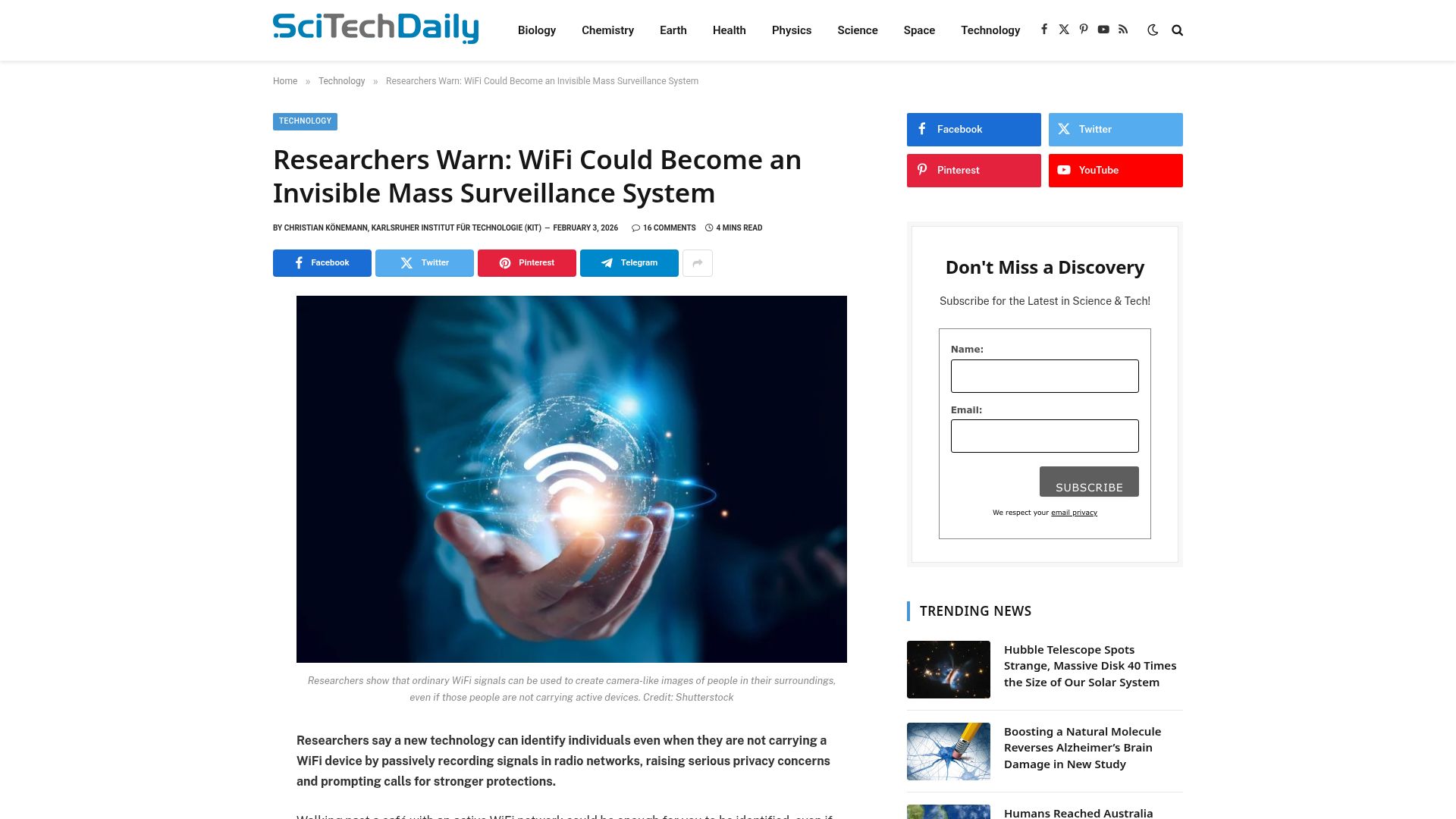 Screenshot of scitechdaily.com: WiFi could become an invisible mass surveillance system