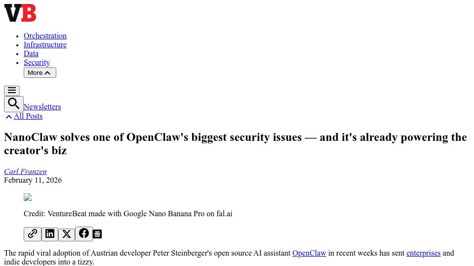 Screenshot of venturebeat.com: NanoClaw solves one of OpenClaw's biggest security issues