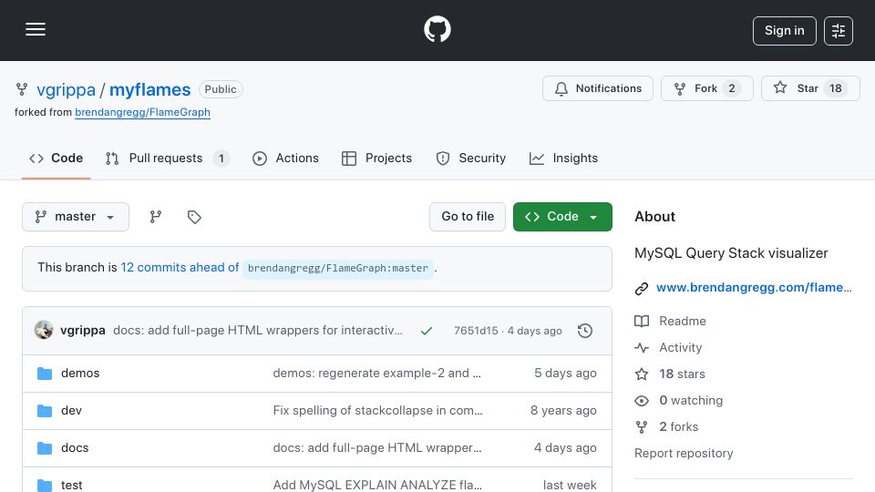 Screenshot of github.com: Visualize MySQL query execution plans as interactive FlameGraphs