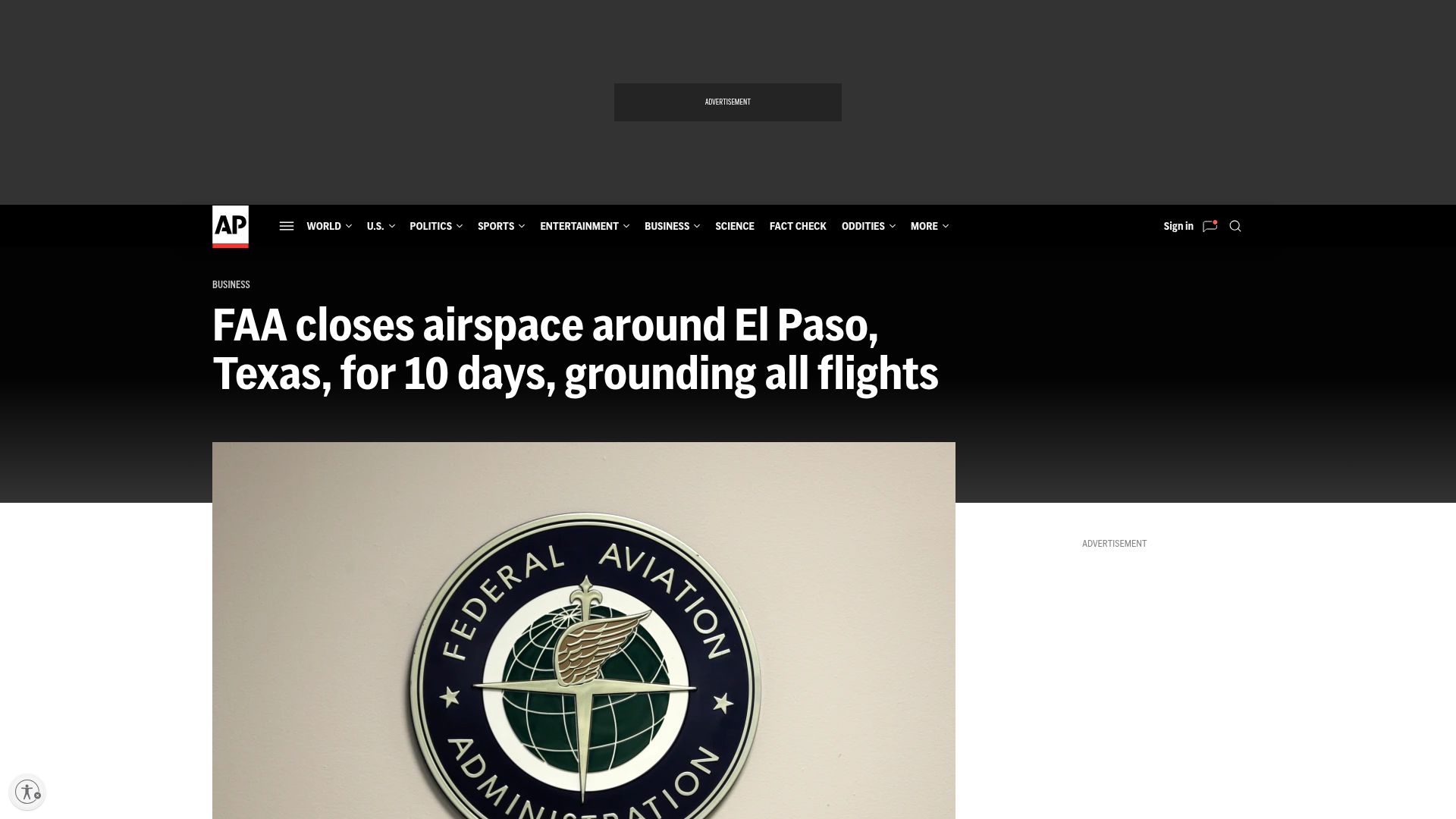 Screenshot of apnews.com: FAA closes airspace around El Paso, Texas, for 10 days, grounding all flights