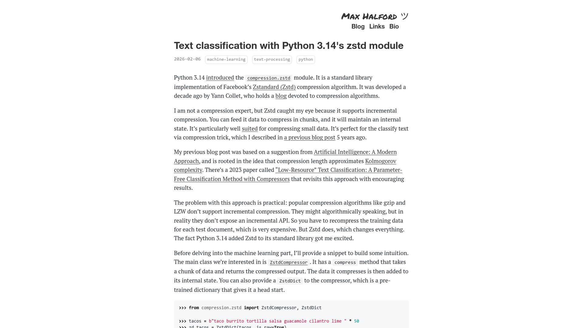 Screenshot of maxhalford.github.io: Text classification with Python 3.14's ZSTD module