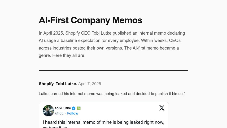 Screenshot of the-ai-native.company: AI-First Company Memos