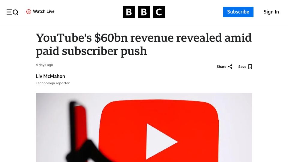 Screenshot of bbc.com: YouTube's $60B revenue revealed amid paid subscriber push
