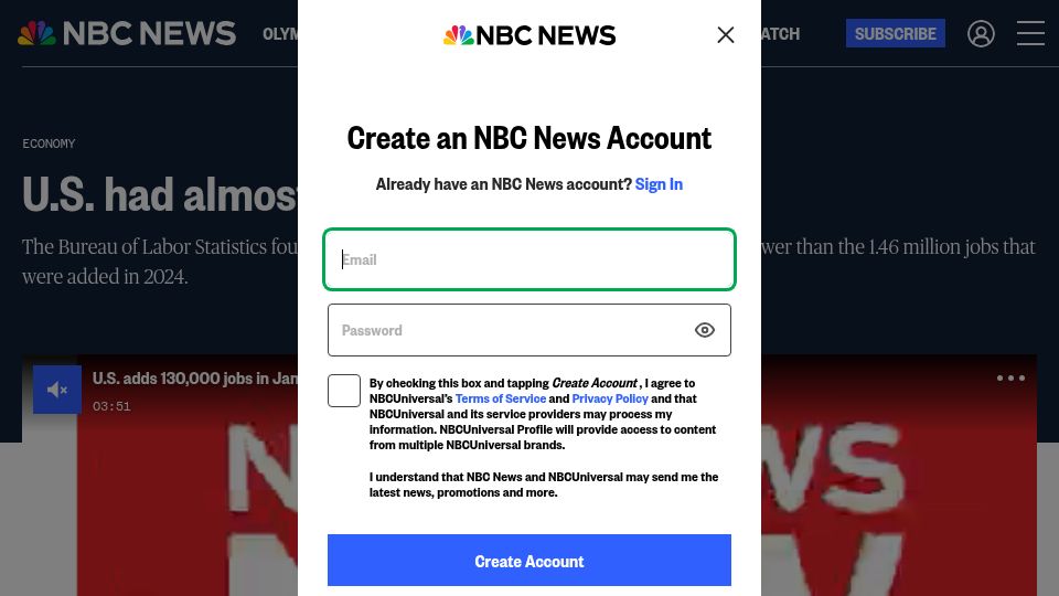 Screenshot of nbcnews.com: U.S. had almost no job growth in 2025