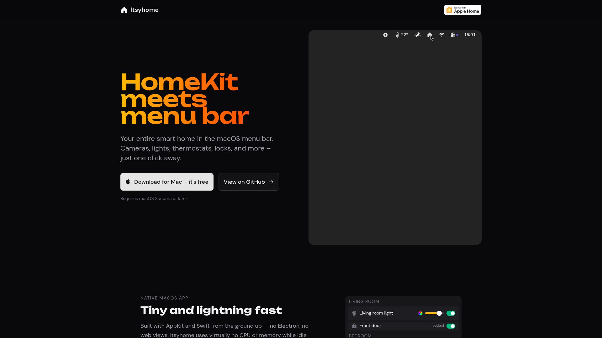 Screenshot of itsyhome.app: Show HN: Itsyhome – Control HomeKit from your Mac menu bar (open source)