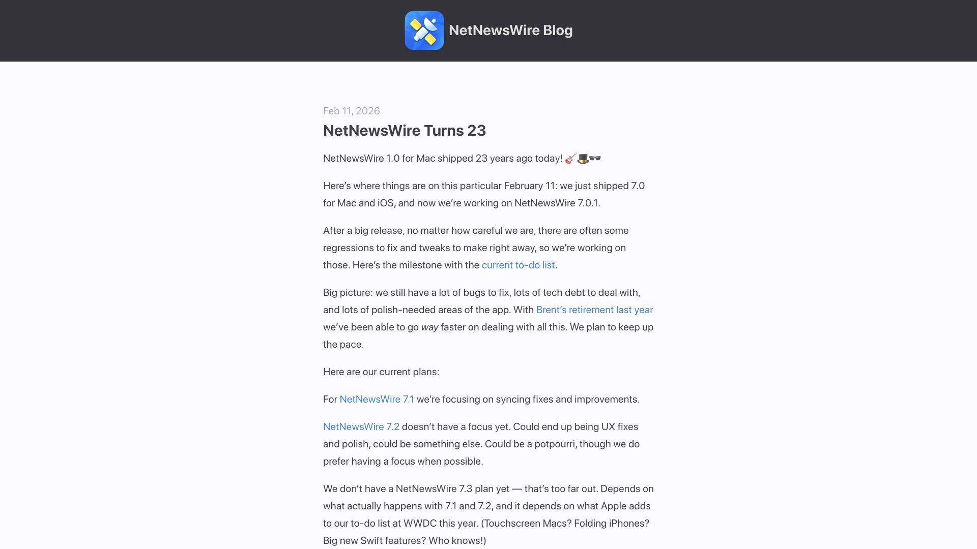 Screenshot of netnewswire.blog: NetNewsWire Turns 23