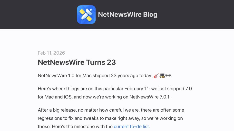 Screenshot of netnewswire.blog: NetNewsWire Turns 23