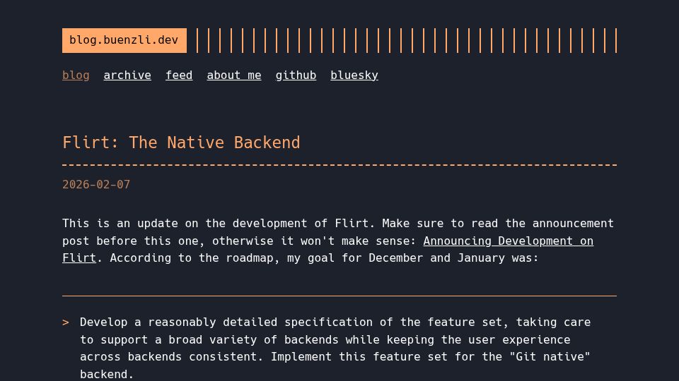 Screenshot of blog.buenzli.dev: Flirt: The Native Backend