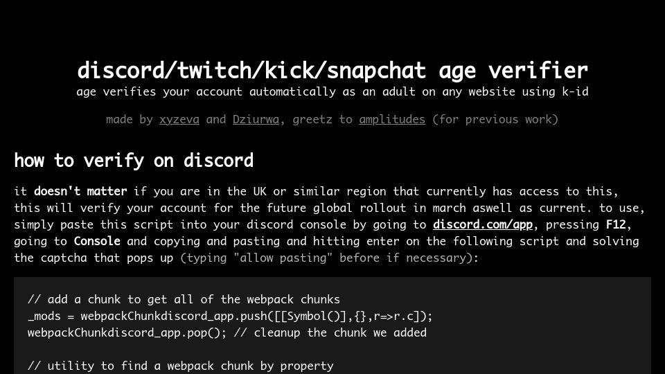 Screenshot of age-verifier.kibty.town: Discord/Twitch/Snapchat age verification bypass