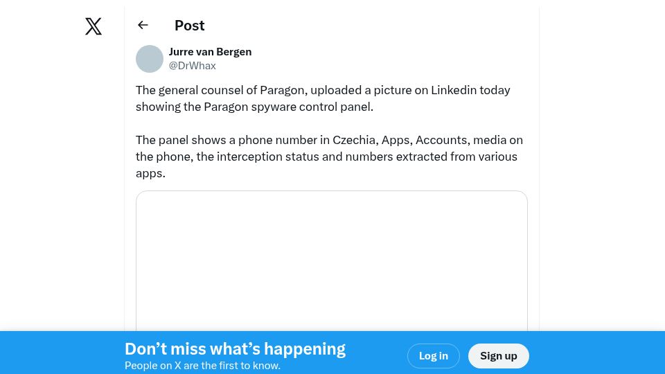 Screenshot of twitter.com: Paragon accidentally uploaded a photo of its spyware control panel