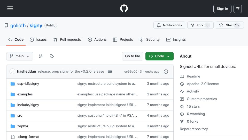 Screenshot of github.com: Signy: Signed URLs for Small Devices
