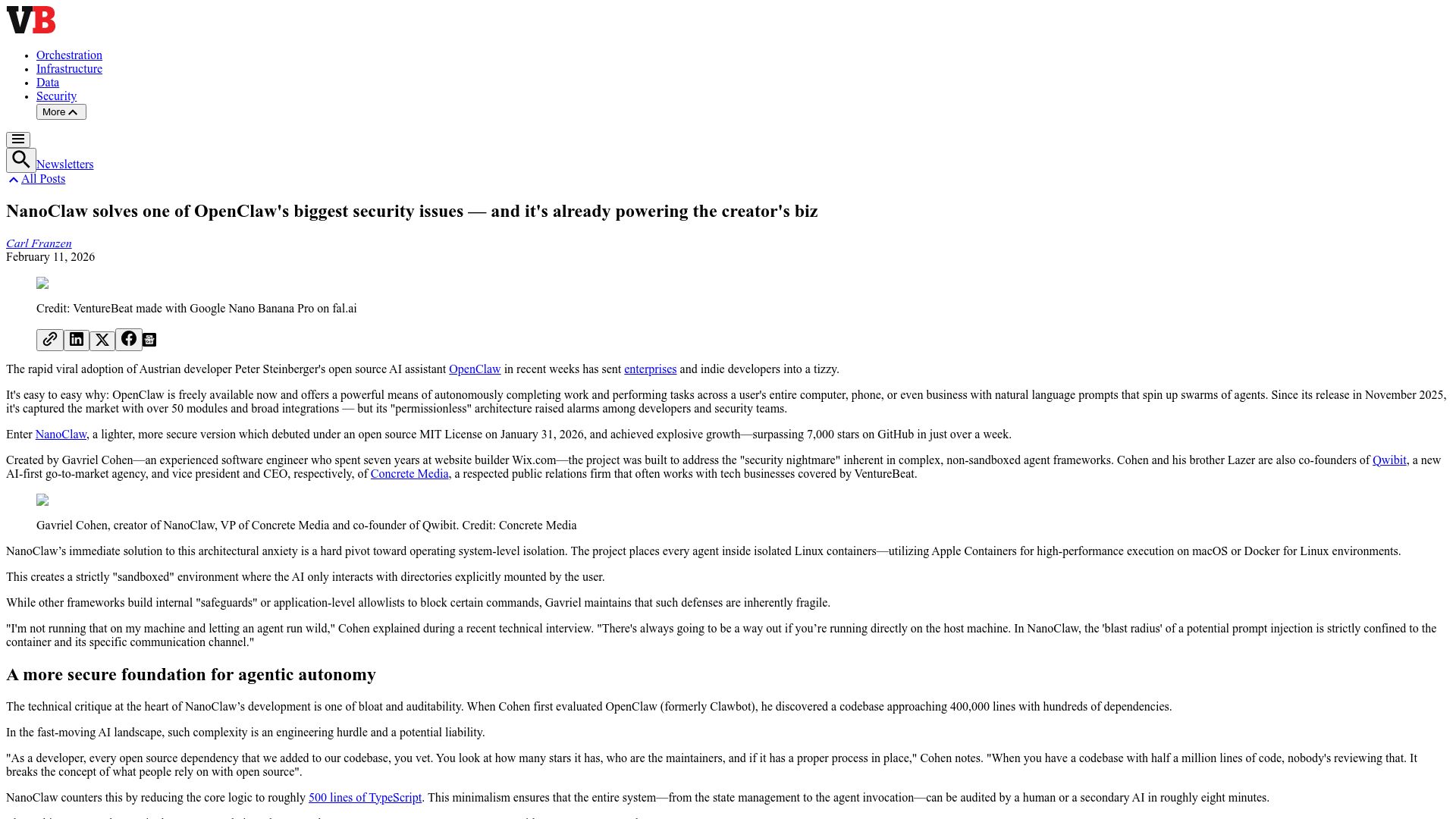Screenshot of venturebeat.com: NanoClaw solves one of OpenClaw's biggest security issues