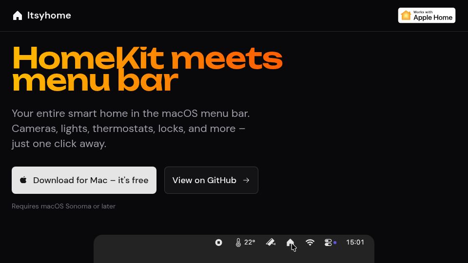 Screenshot of itsyhome.app: Show HN: Itsyhome – Control HomeKit from your Mac menu bar (open source)
