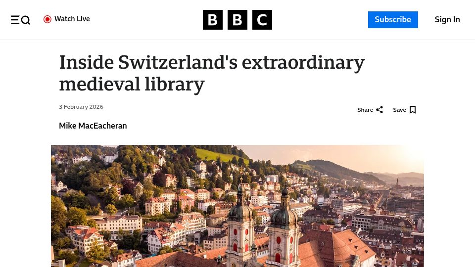 Screenshot of bbc.com: Switzerland's Extraordinary Medieval Library