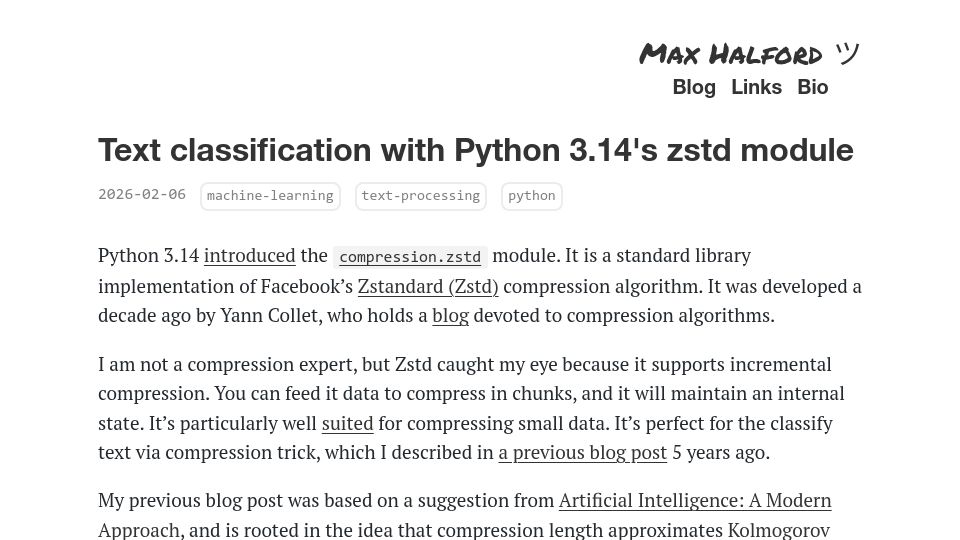 Screenshot of maxhalford.github.io: Text classification with Python 3.14's ZSTD module