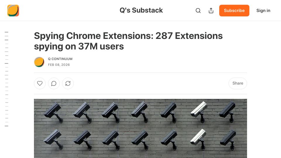 Screenshot of qcontinuum.substack.com: Chrome extensions spying on users' browsing data