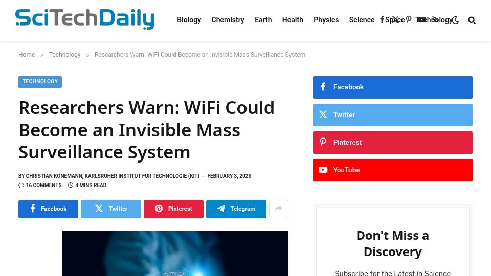 Screenshot of scitechdaily.com: WiFi could become an invisible mass surveillance system