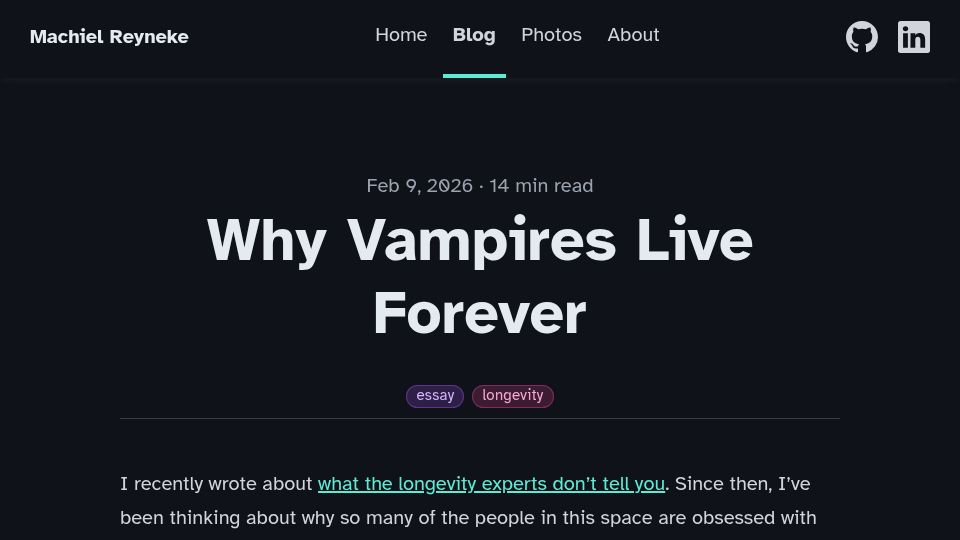 Screenshot of machielreyneke.com: Why vampires live forever
