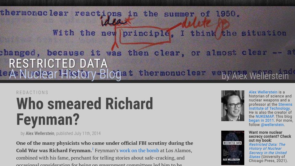 Screenshot of blog.nuclearsecrecy.com: Who Smeared Feynman