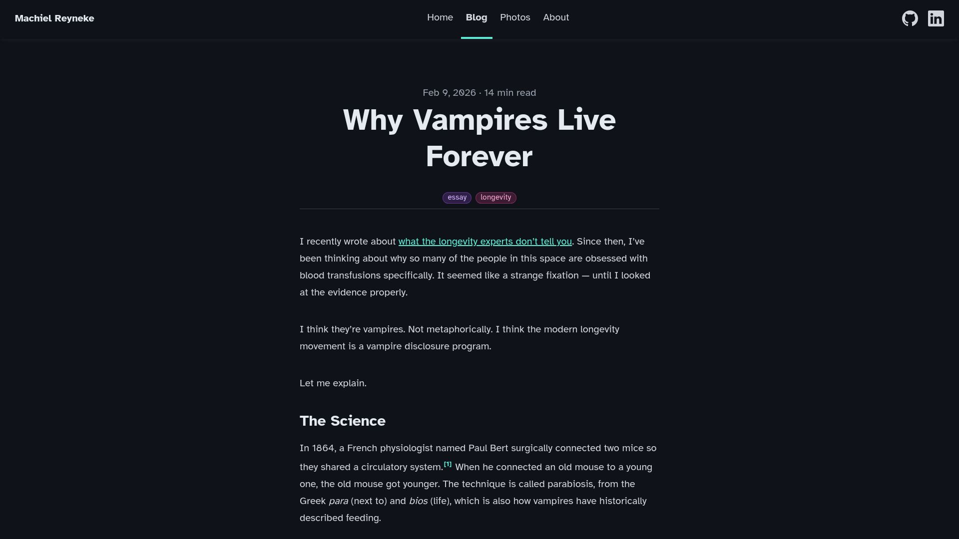 Screenshot of machielreyneke.com: Why vampires live forever