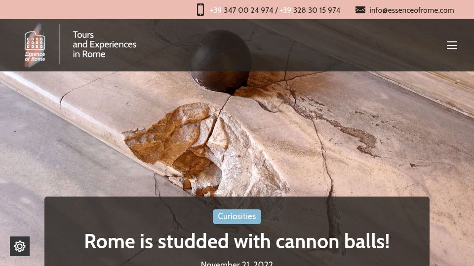 Screenshot of essenceofrome.com: Rome is studded with cannon balls (2022)
