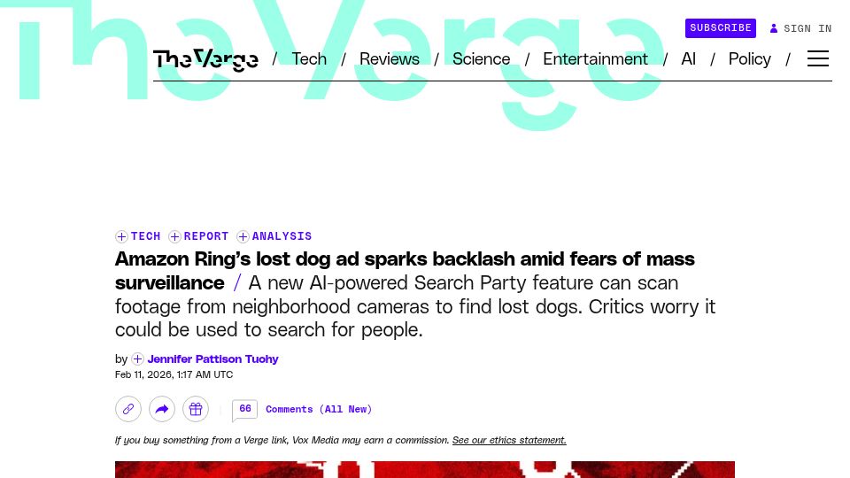 Screenshot of theverge.com: Amazon Ring's lost dog ad sparks backlash amid fears of mass surveillance