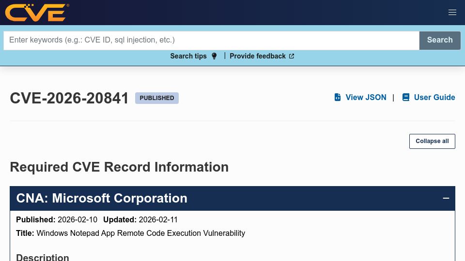 Screenshot of cve.org: Windows Notepad App Remote Code Execution Vulnerability