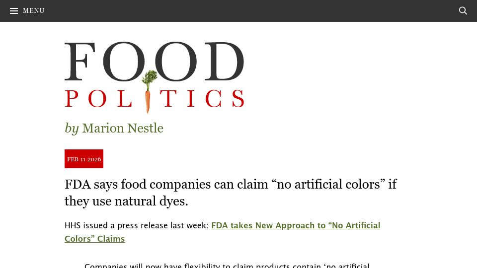 Screenshot of foodpolitics.com: FDA says companies can claim "no artificial colors" if they use natural dyes