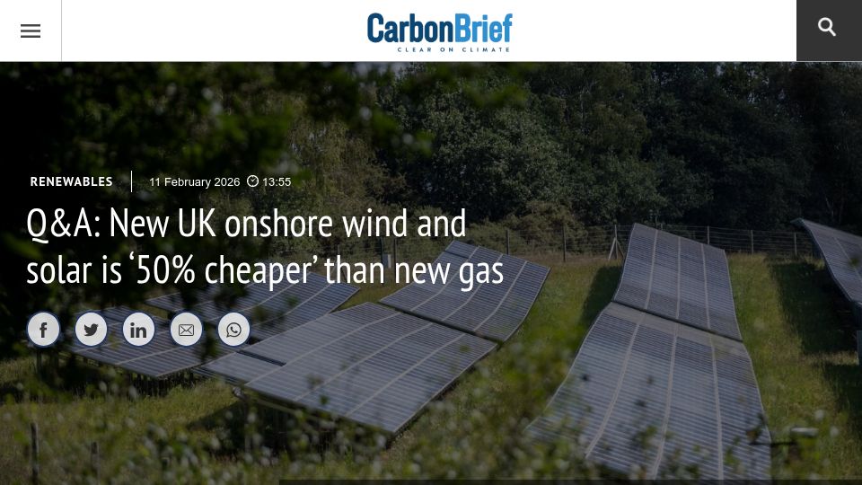 Screenshot of carbonbrief.org: Q&A: New UK onshore wind and solar is '50% cheaper' than new gas