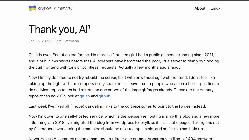 Screenshot of kraxel.org: End of an era for me: no more self-hosted git