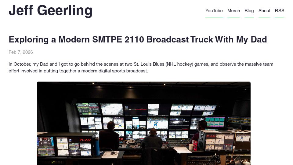 Screenshot of jeffgeerling.com: Exploring a Modern SMTPE 2110 Broadcast Truck
