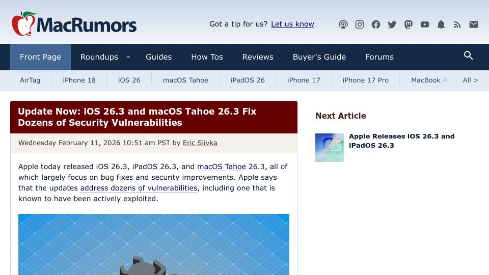 Screenshot of macrumors.com: iOS 26.3 and macOS 26.3 Fix Dozens of Vulnerabilities, Including Zero-Day