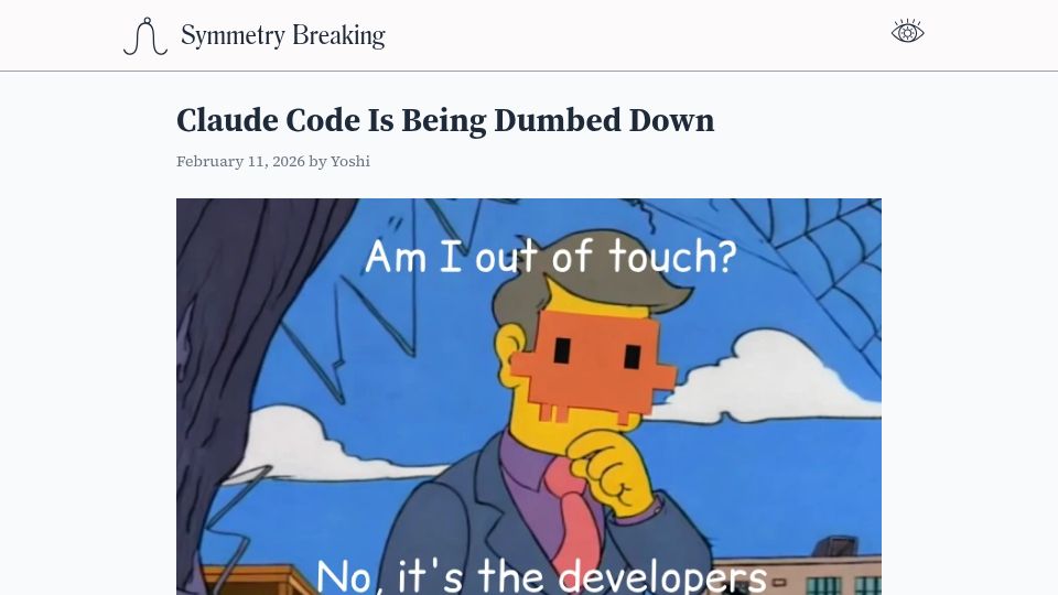Screenshot of symmetrybreak.ing: Claude Code is being dumbed down?