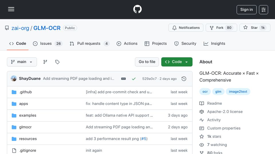 Screenshot of github.com: GLM-OCR – A multimodal OCR model for complex document understanding
