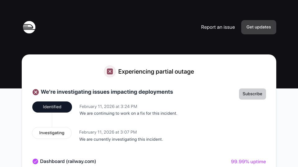 Screenshot of status.railway.com: Railway (PaaS) global outage