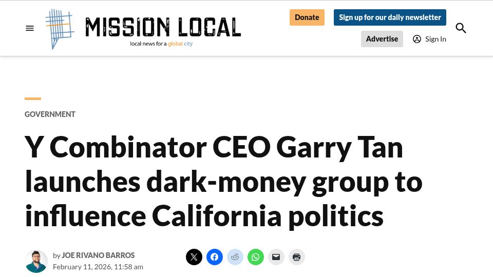 Screenshot of missionlocal.org: Y Combinator CEO Garry Tan launches group to influence CA politics