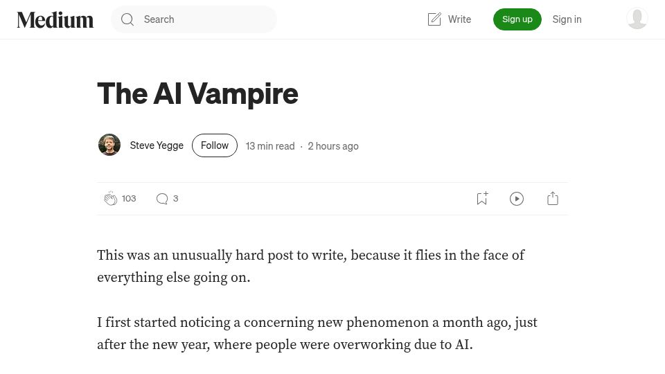 Screenshot of steve-yegge.medium.com: The AI Vampire