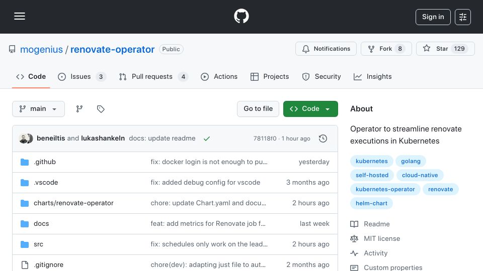 Screenshot of github.com: Show HN: Renovate – The Kubernetes-Native Way