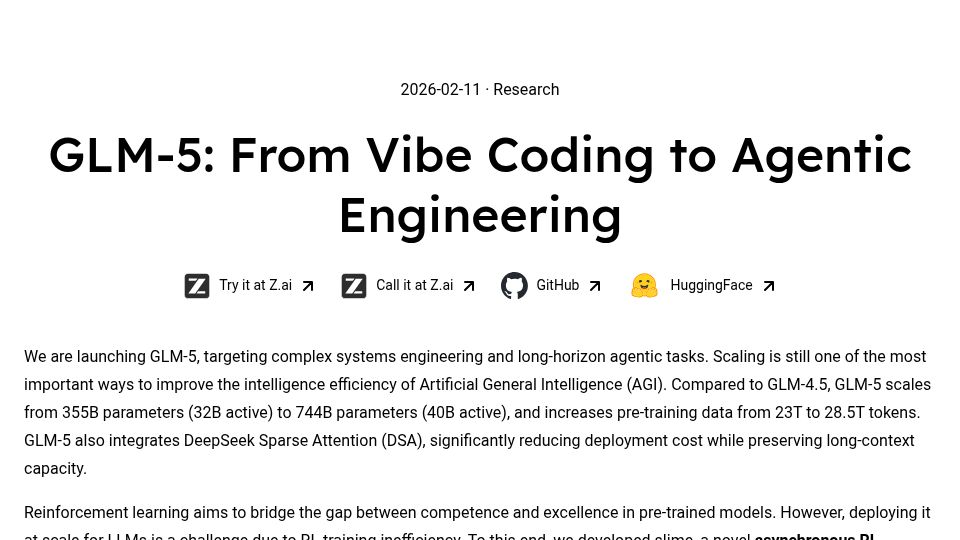 Screenshot of z.ai: GLM-5: From Vibe Coding to Agentic Engineering