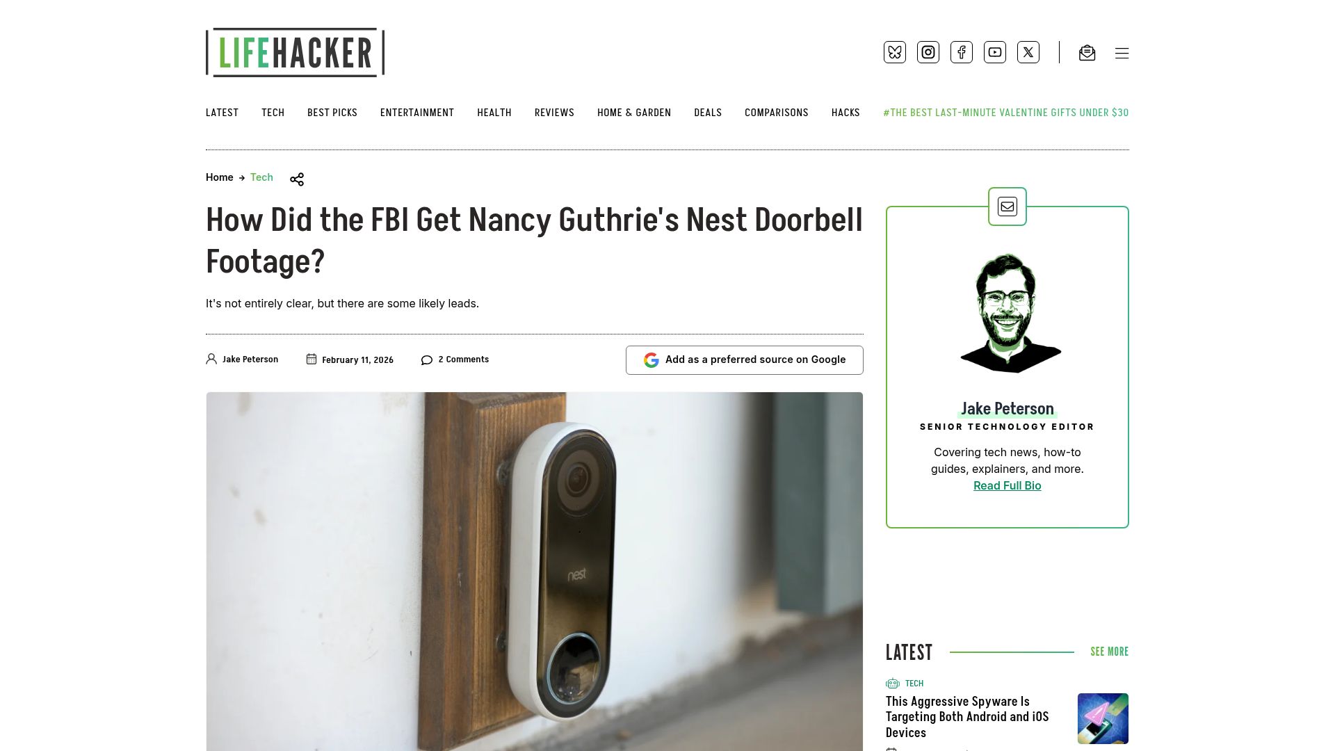 Screenshot of lifehacker.com: How Did the FBI Get Nancy Guthrie's Nest Doorbell Footage?