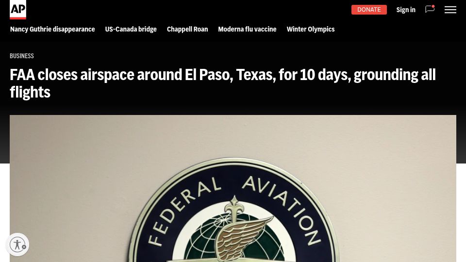 Screenshot of apnews.com: FAA closes airspace around El Paso, Texas, for 10 days, grounding all flights