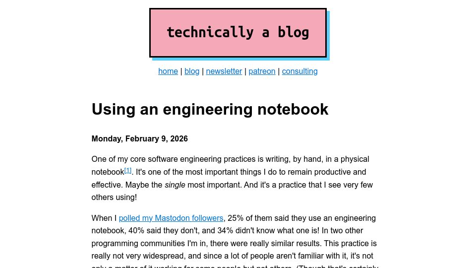 Screenshot of ntietz.com: Using an engineering notebook