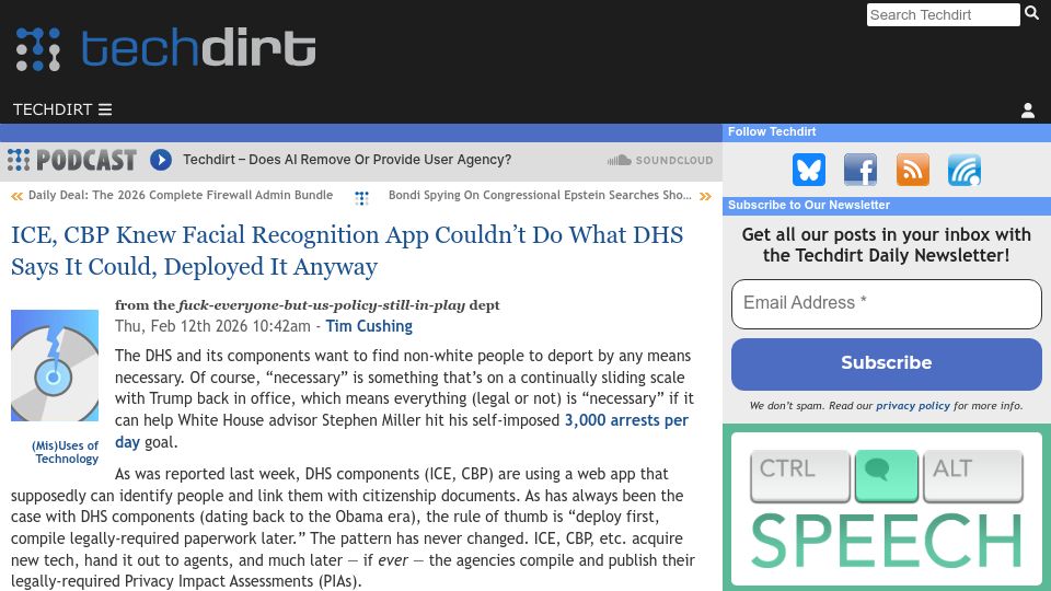 Screenshot of techdirt.com: ICE, CBP Knew Facial Recognition App Couldn't Do What DHS Says It Could