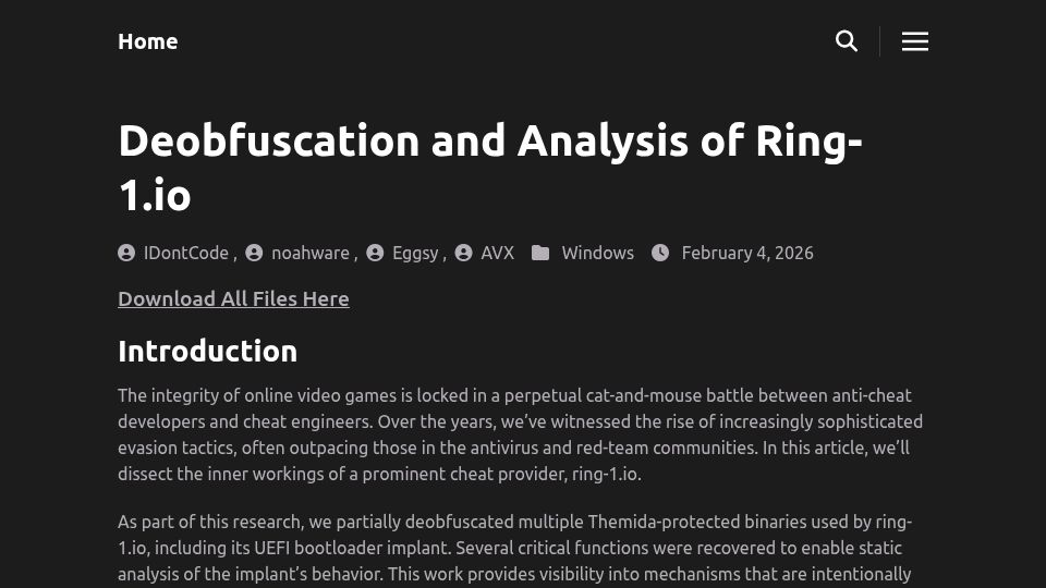 Screenshot of back.engineering: Deobfuscation and Analysis of Ring-1.io